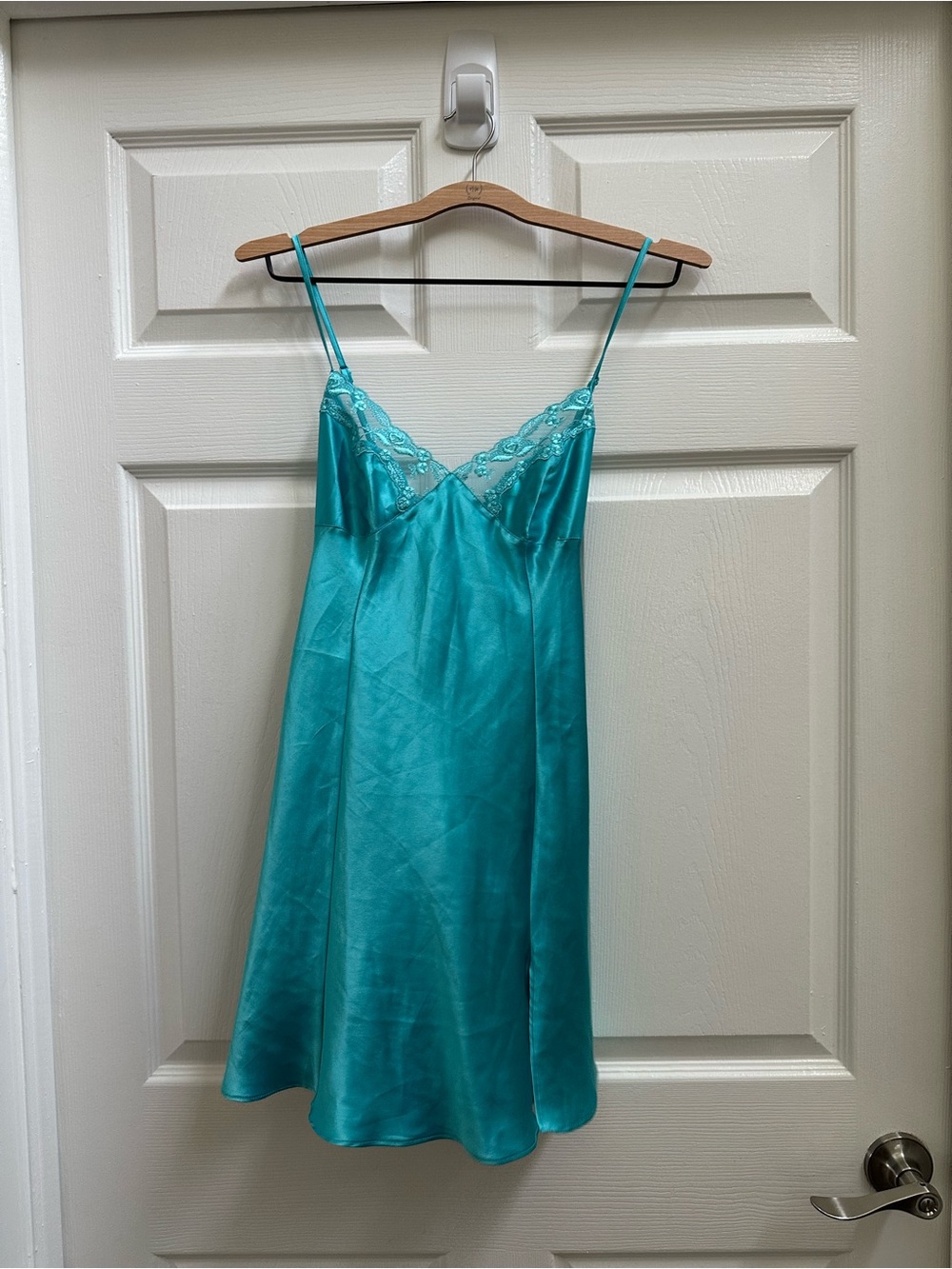 Victoria's Secret Turquoise Satin Lace-Trim Night Slip Sz s